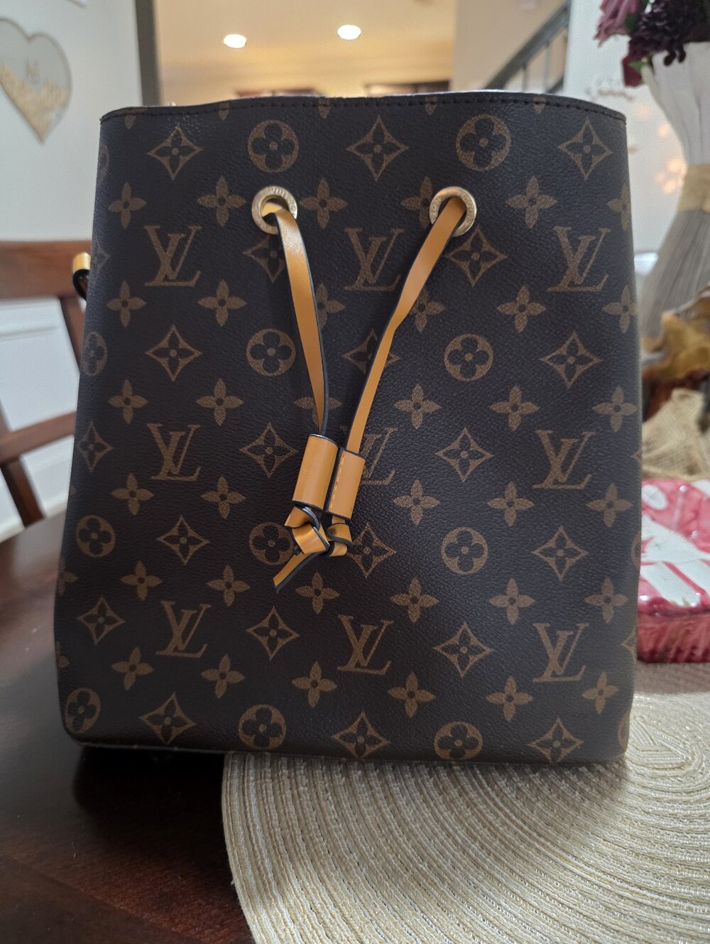 Louis Vuitton Monogram Canvas Drawstring Shoulder Bag in Brown and Tan
